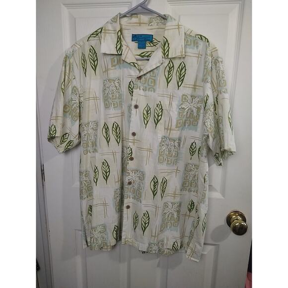 Paradise Blue Men's L Shirt Collared Button Hawaiian Palm Leaf Short Sleeve... - Picture 1 of 10